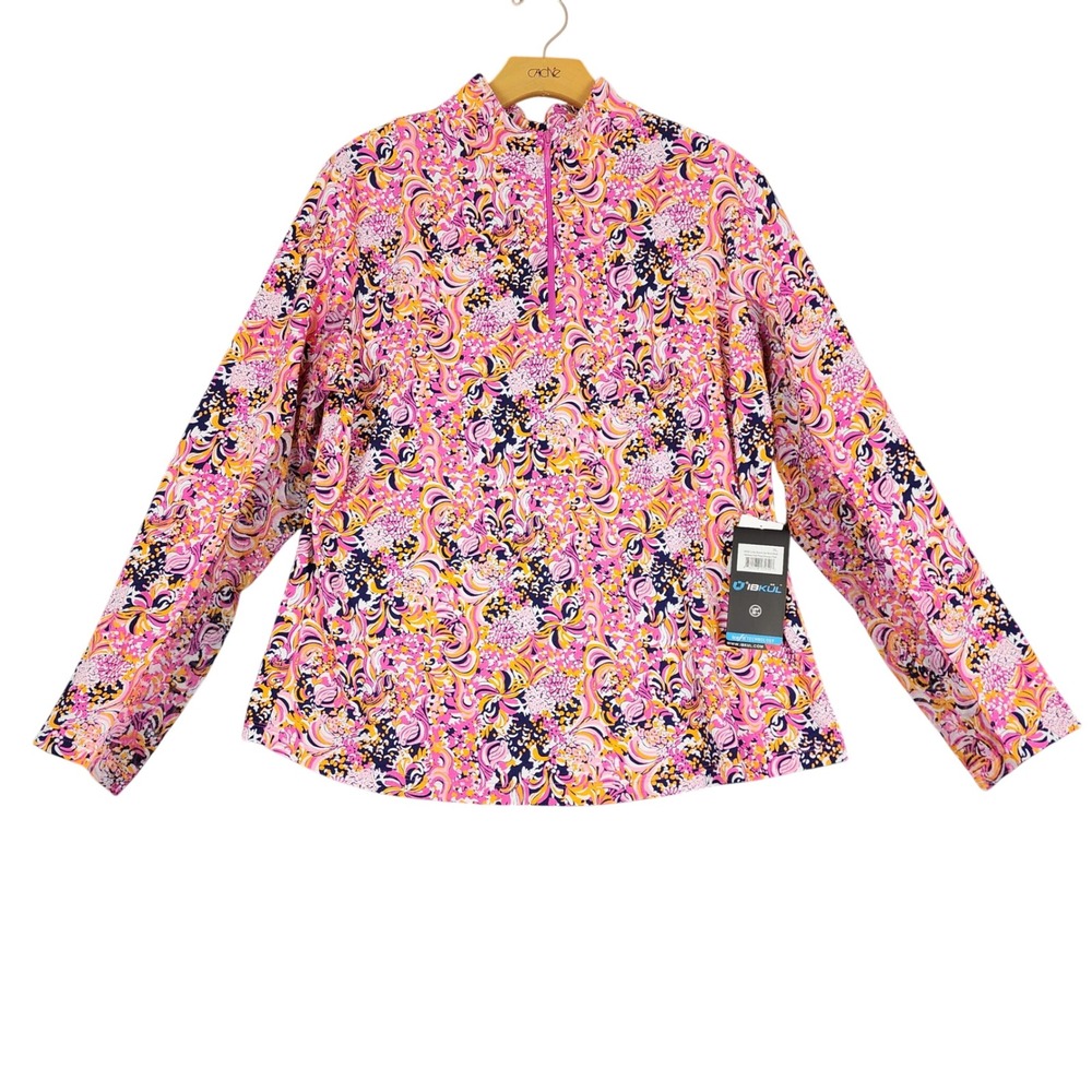 IBKUL Marissa Long Sleeve Zip Mock Neck Top Hot Pink Orange Peel XL UPF 50+